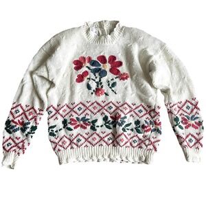 Portraits By Northern Isles Floral Sweater Large Hand Embroidered Flowers Lace